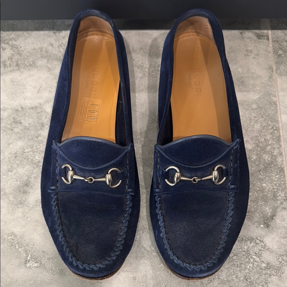 Gucci Blue Suede Loafers with Silver Horsebit